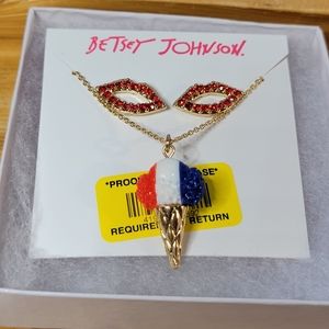 Betsey Johnson NWT Red, White & Blue Ice Cream Cone Necklace w/ Lip Earrings Set